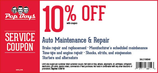 Online Printable Coupons - 10% Off Auto Maintenance & Repair | Pep Boys