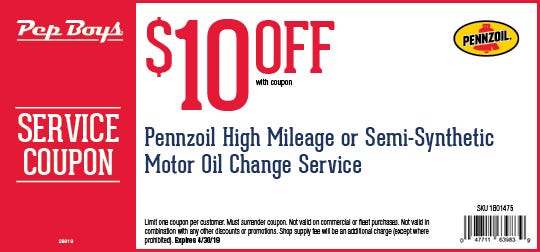 <div class='semHeadline'>$10 OFF PENNZOIL HIGH MILEAGE OR SEMI-SYNTHETIC OIL CHANGE SERVICE</div>