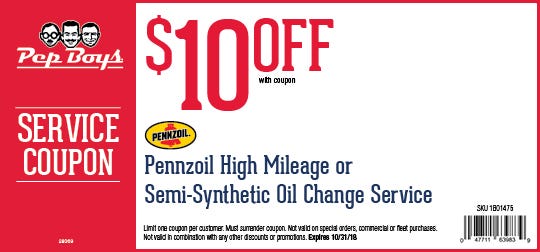 <div class='semHeadline'>$10 OFF PENNZOIL HIGH MILEAGE OR SEMI-SYNTHETIC OIL CHANGE SERVICE</div>
